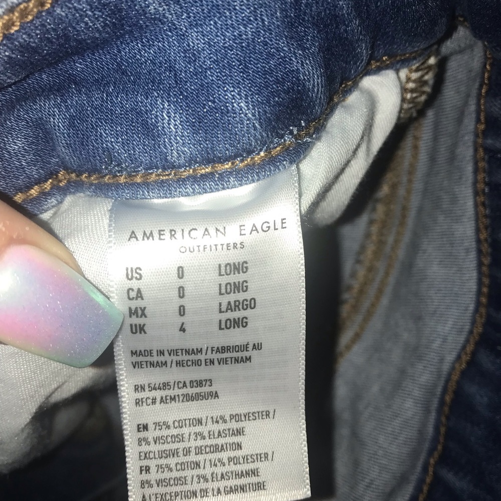 Medium wash, American Eagle super high rise jeans.